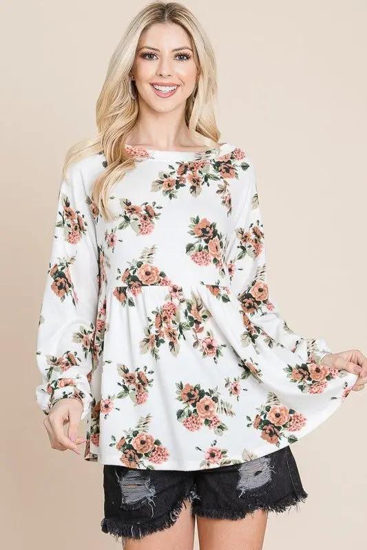 Super Lady Full Size Babydoll Floral Boat Neck Blouse - Love Salve